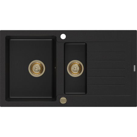 Mexen Matias Granitspüle 1,5-Kammer mit Abtropffläche 900 x 505 mm, schwarz, Siphon gold - 6502901505-77-G