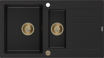 Mexen Matias Granitspüle 1,5-Kammer mit Abtropffläche 900 x 505 mm, schwarz, Siphon gold - 6502901505-77-G