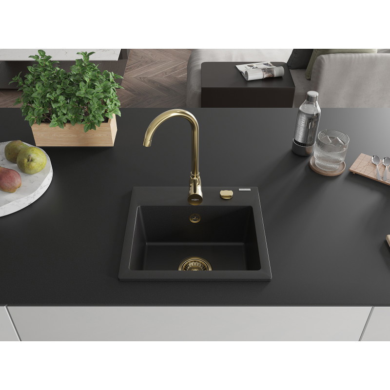 Mexen Milo Granitspüle 1-beckig 435 x 410 mm, schwarz, goldener Siphon - 6505441000-77-G