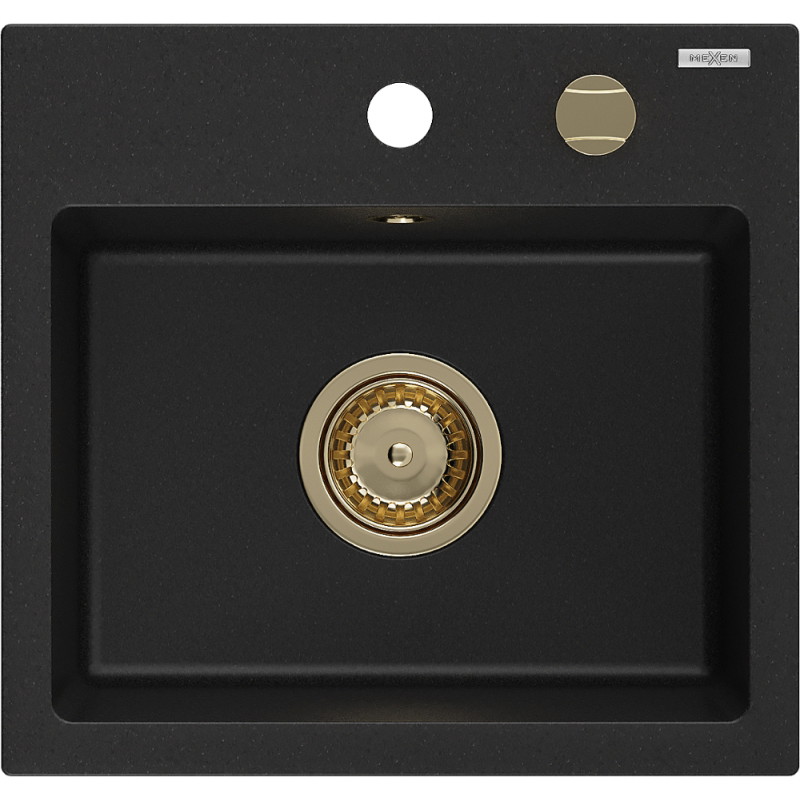 Mexen Milo Granitspüle 1-Becken 435 x 410 mm, schwarz, goldener Siphon - 6505441000-77-G