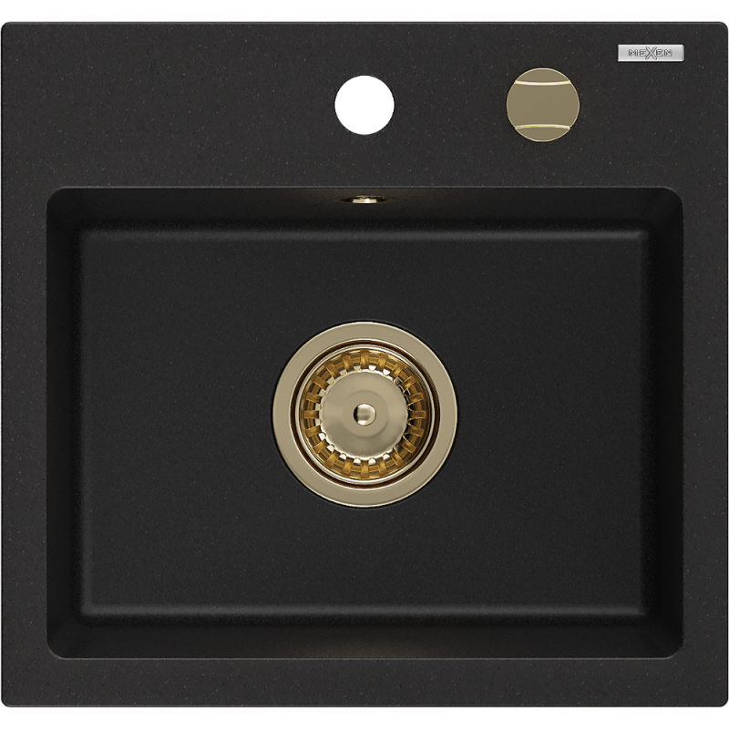 Mexen Milo Granitspüle 1-Becken 435 x 410 mm, schwarz, Siphon gold - 6505441000-77-G