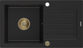 Mexen Pablo Granitspüle 1-becken mit Abtropffläche 752 x 436 mm, schwarz, goldener Siphon - 6510751010-77-G