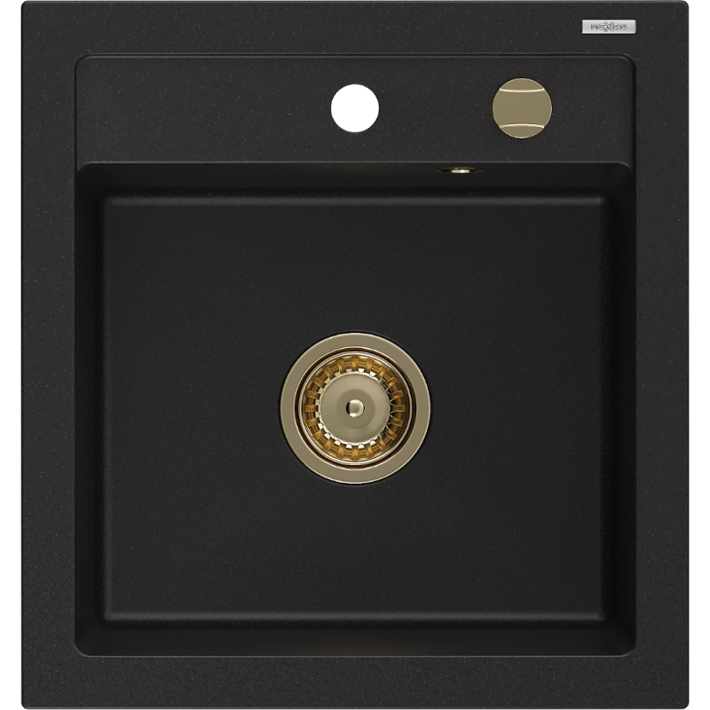 Mexen Vito Granitspüle 1-Becken 520 x 490 mm, schwarz, goldener Siphon - 6503521000-77-G