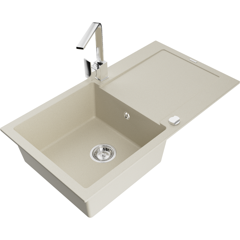 Mexen Leo 1-beckiges Granitspülbecken mit Abtropffläche und Küchenarmatur Rita, beige - 6501-69-670300-00