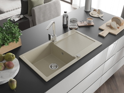 Mexen Leo Granitspüle 1-Becken mit Abtropffläche und Küchenarmatur Rita, beige - 6501-69-670300-00