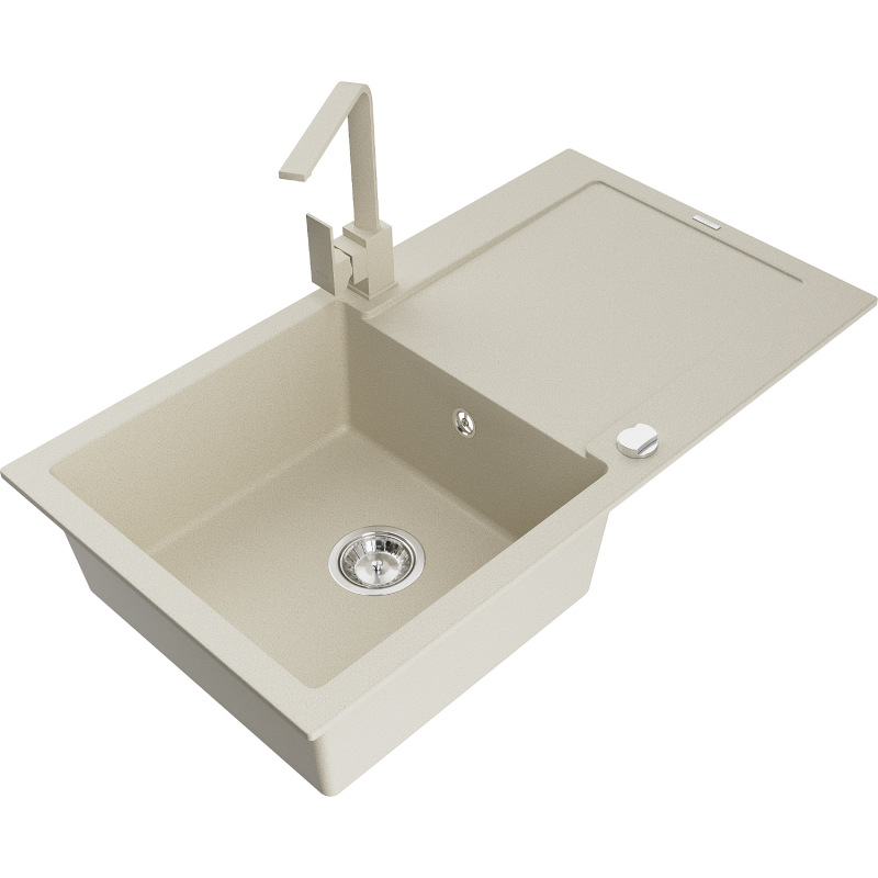 Mexen Leo Granitspüle 1-Becken mit Abtropffläche und Küchenarmatur Rita, beige - 6501-69-670300-69