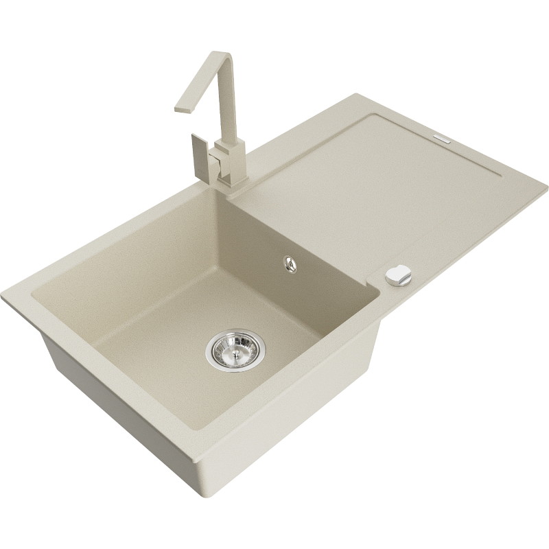 Mexen Leo Granitspüle 1-fach mit Abtropffläche und Küchenarmatur Rita, beige - 6501-69-670300-69