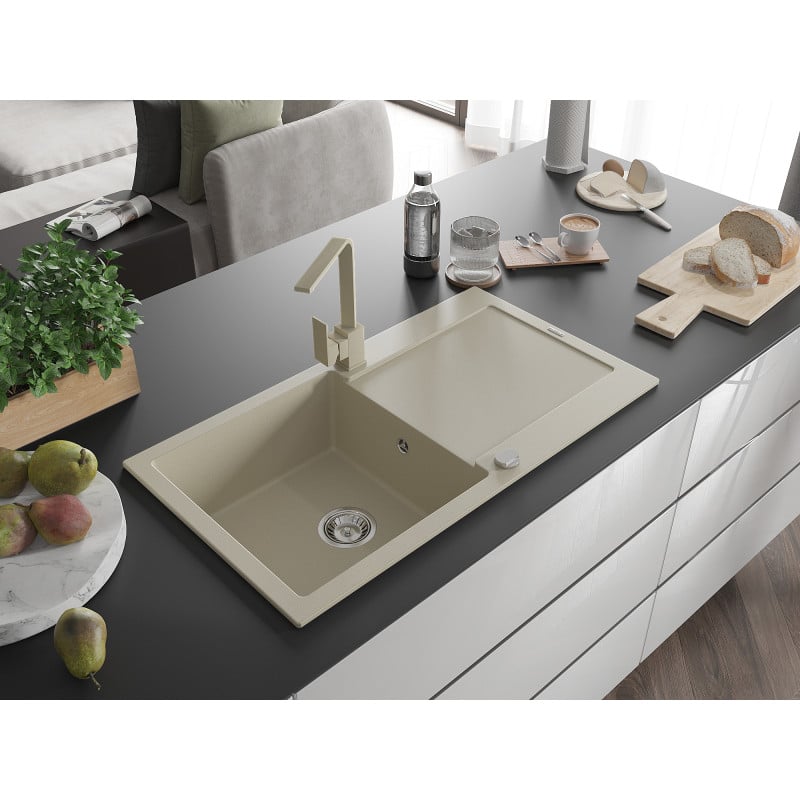 Mexen Leo Granitspüle 1-Becken mit Abtropffläche und Küchenarmatur Rita, beige - 6501-69-670300-69