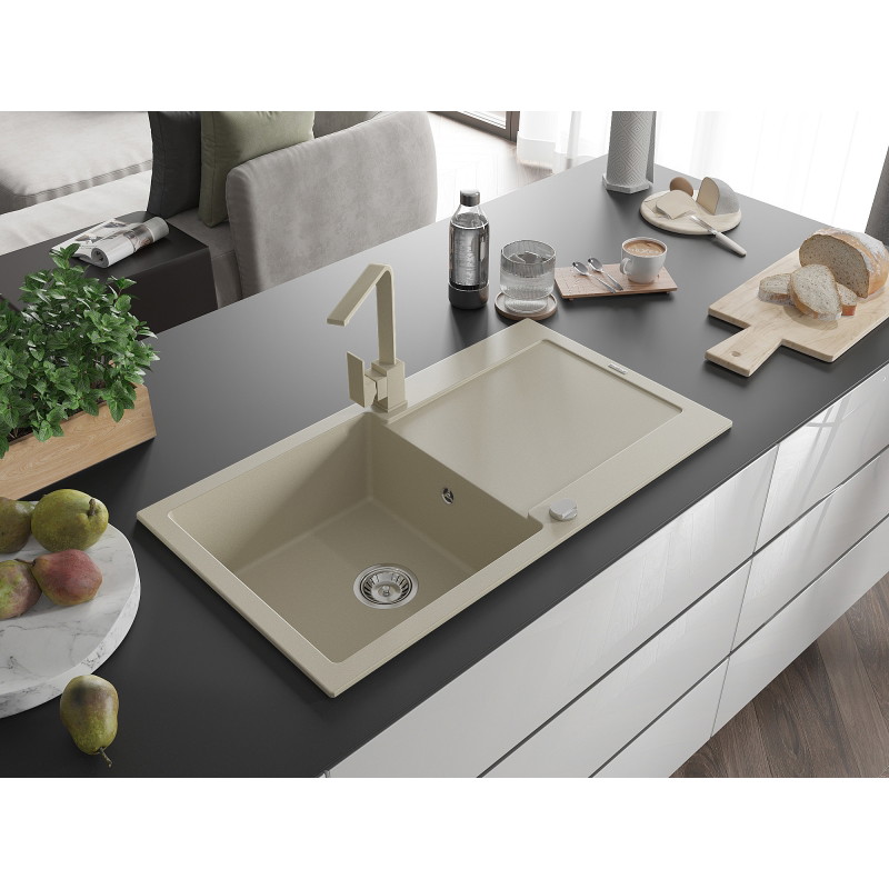 Mexen Leo Granitspüle 1-fach mit Abtropffläche und Küchenarmatur Rita, beige - 6501-69-670300-69