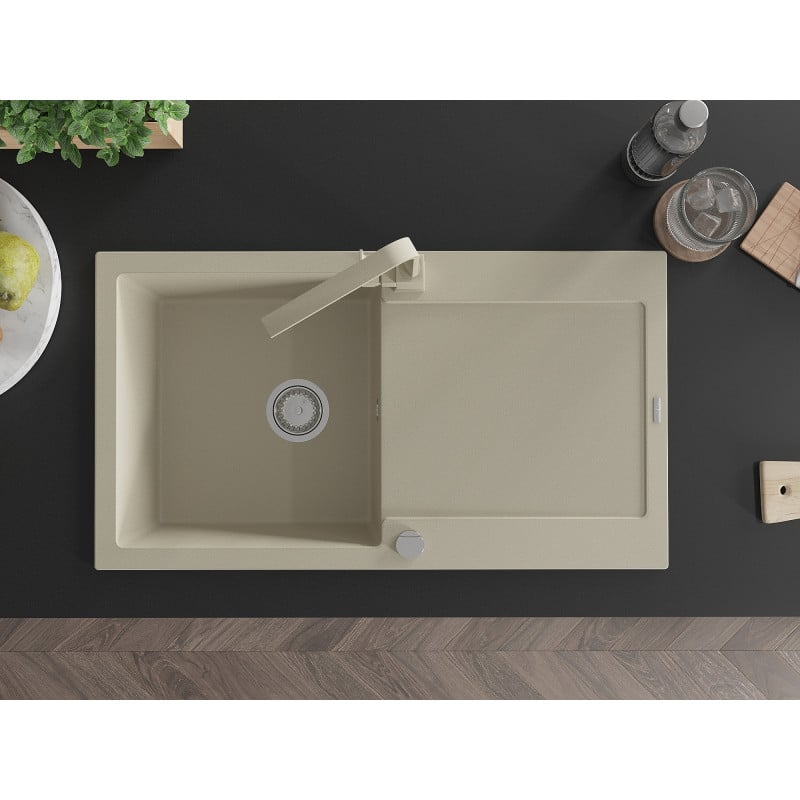 Mexen Leo Granitspüle 1-Becken mit Abtropffläche und Küchenarmatur Rita, beige - 6501-69-670300-69