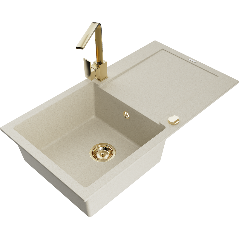 Mexen Leo granit Spüle 1-Becken mit Abtropffläche und Küchenarmatur Rita, beige - 6501-69-670300-50