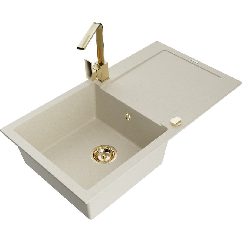 Mexen Leo Granitspüle 1-beckig mit Abtropffläche und Küchenarmatur Rita, beige - 6501-69-670300-50