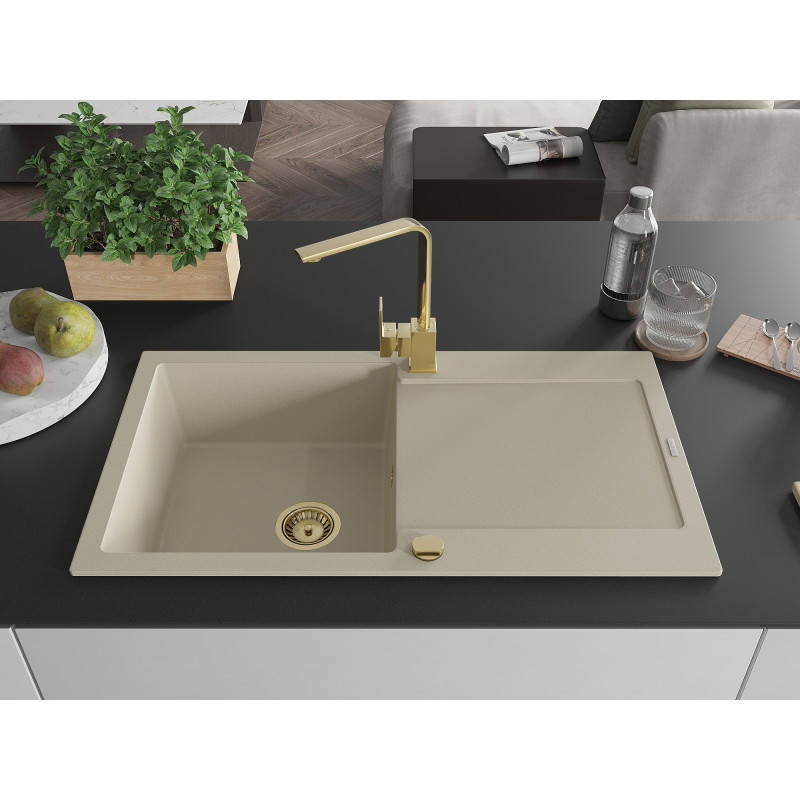 Mexen Leo granit Spüle 1-Becken mit Abtropffläche und Küchenarmatur Rita, beige - 6501-69-670300-50