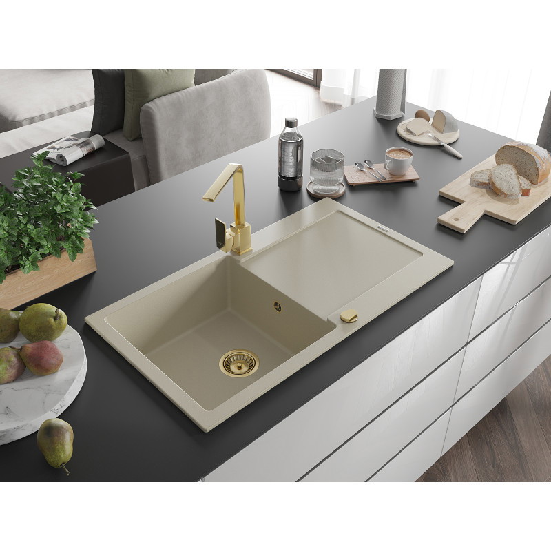 Mexen Leo granit Spüle 1-Becken mit Abtropffläche und Küchenarmatur Rita, beige - 6501-69-670300-50
