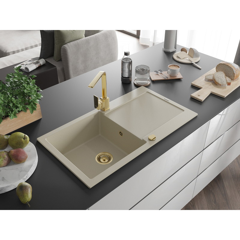 Mexen Leo Granitspüle 1-beckig mit Abtropffläche und Küchenarmatur Rita, beige - 6501-69-670300-50