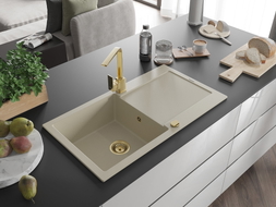 Mexen Leo Granitspüle 1-Becken mit Abtropffläche und Küchenarmatur Rita, beige - 6501-69-670300-50