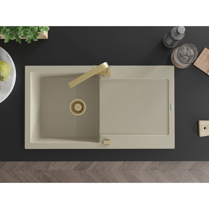 Mexen Leo granit Spüle 1-Becken mit Abtropffläche und Küchenarmatur Rita, beige - 6501-69-670300-50
