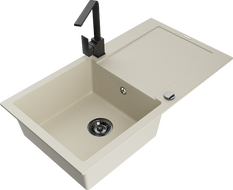 Mexen Leo Granitspüle 1-kammerig mit Abtropffläche und Küchenarmatur Rita, beige - 6501-69-670300-70