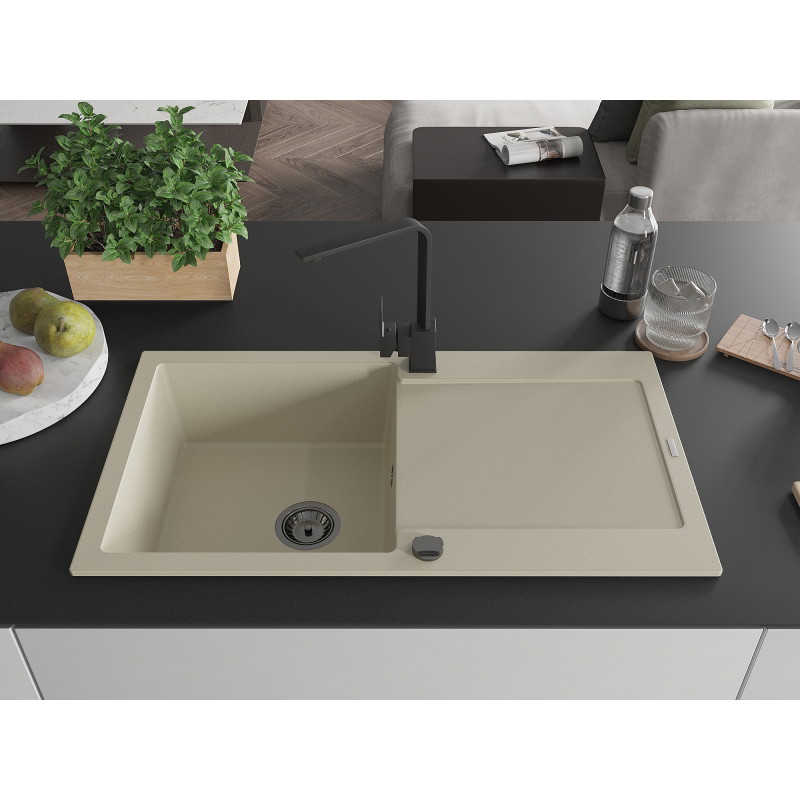 Mexen Leo Granitspüle 1-Becken mit Abtropffläche und Küchenarmatur Rita, beige - 6501-69-670300-70