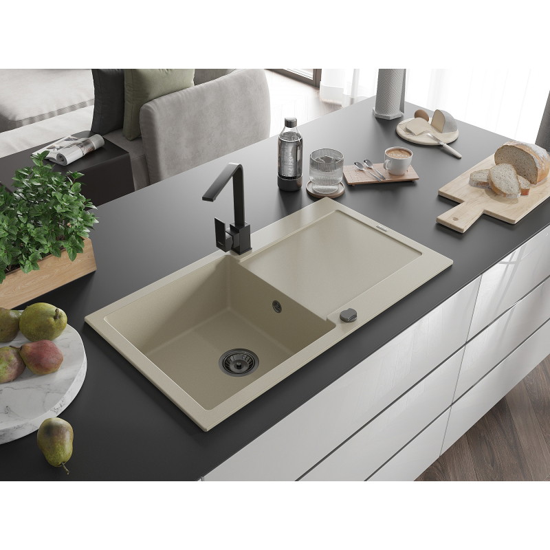 Mexen Leo Granitspüle 1-Becken mit Abtropffläche und Küchenarmatur Rita, beige - 6501-69-670300-70