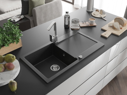Mexen Leo Granitspüle 1-Becken mit Abtropffläche und Küchenarmatur Rita, schwarz/silber metallic - 6501-73-670300-00