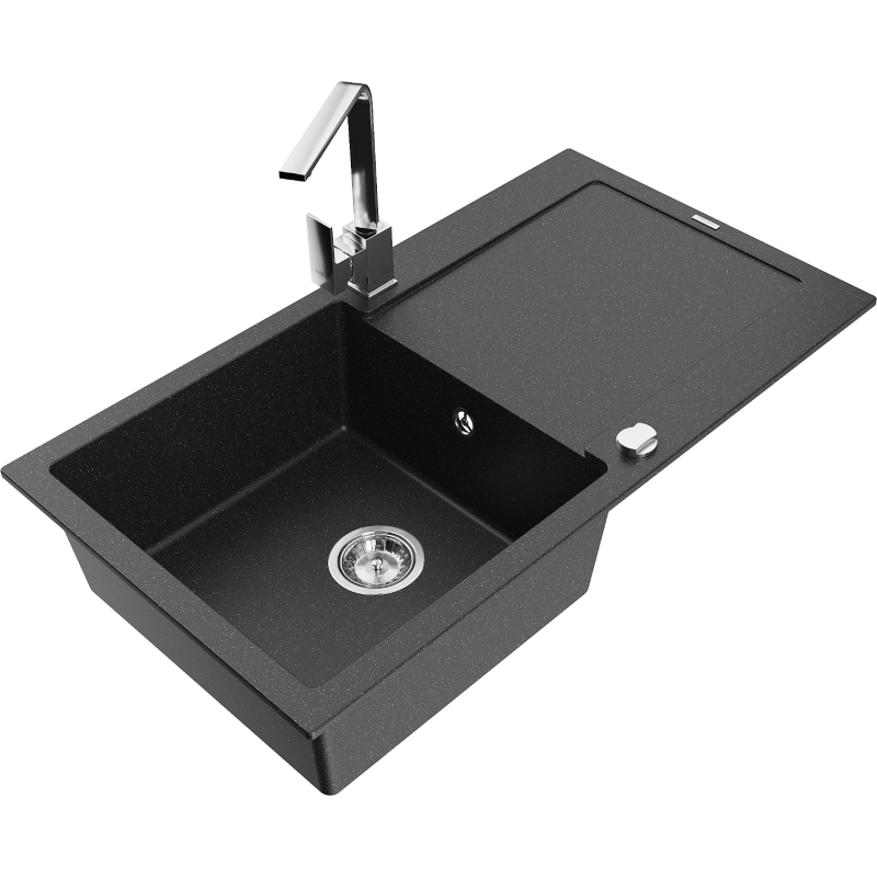 Mexen Leo Granitspüle 1-Becken mit Abtropffläche und Küchenarmatur Rita, schwarz/silber metallic - 6501-73-670300-00