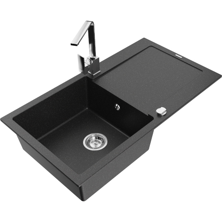 Mexen Leo Granitspüle 1-Becken mit Abtropffläche und Küchenarmatur Rita, schwarz/silber metallic - 6501-73-670300-00