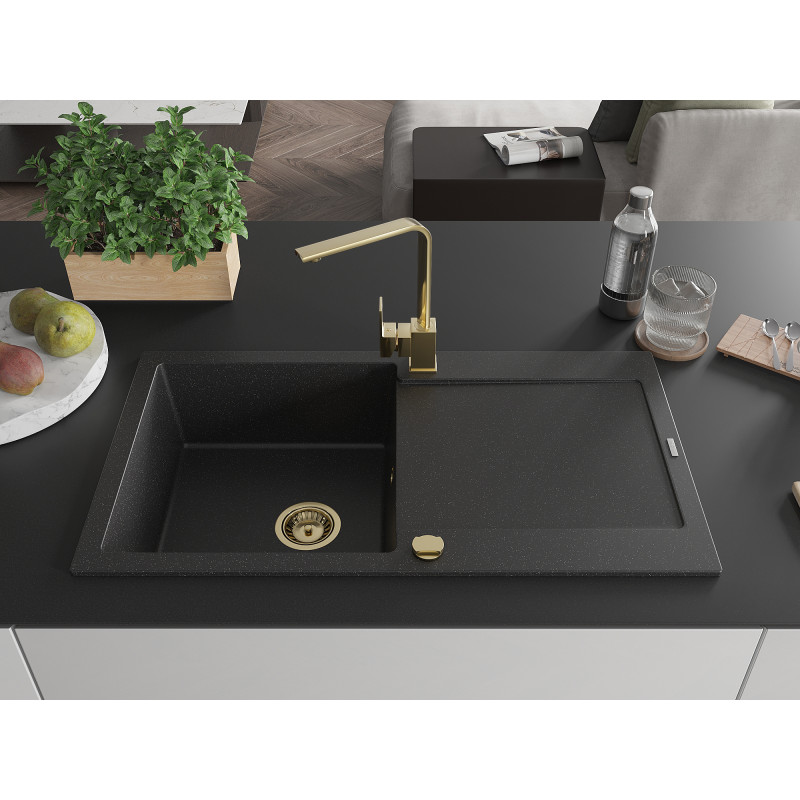Mexen Leo Granitspüle 1-beckig mit Abtropffläche und Küchenarmatur Rita, schwarz/silber metallic - 6501-73-670300-50