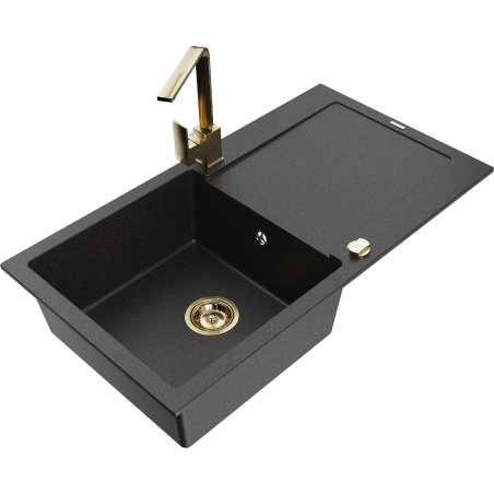 Mexen Leo Granitspüle 1-beckig mit Abtropffläche und Küchenarmatur Rita, schwarz/silber metallic - 6501-73-670300-50