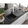 Mexen Leo Granitspüle 1-Becken mit Abtropffläche und Küchenarmatur Rita, schwarz/silber metallic - 6501-73-670300-70-B