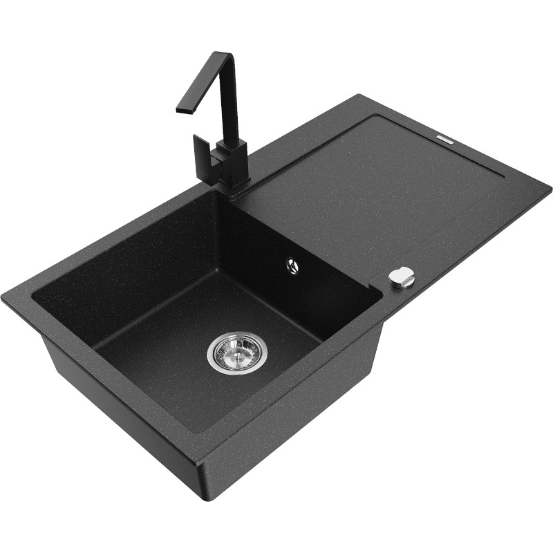 Mexen Leo Granitspüle einteilig mit Abtropffläche und Küchenarmatur Rita, schwarz/silberner Metallic - 6501-73-670300-70