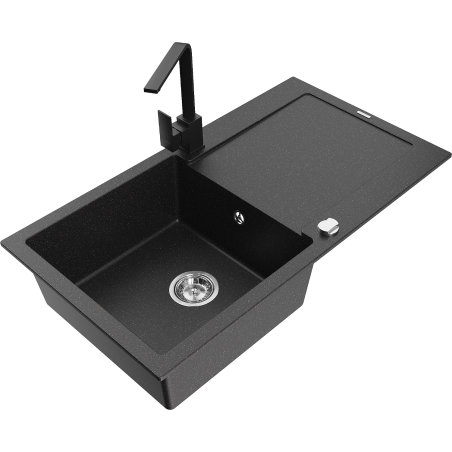 Mexen Leo Granitspüle 1-Becken mit Abtropffläche und Küchenarmatur Rita, Schwarz/Silber Metallic - 6501-73-670300-70
