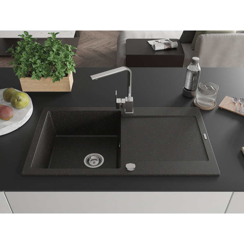 Mexen Leo Granitspüle 1-Becken mit Abtropffläche und Küchenarmatur Rita, schwarz/goldener Metallic - 6501-75-670300-00