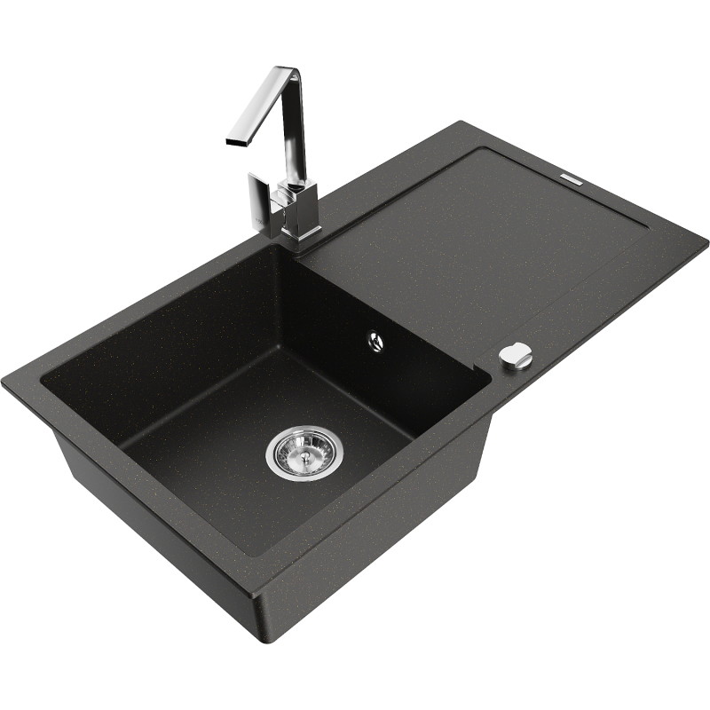 Mexen Leo Granitspüle 1-Becken mit Abtropffläche und Küchenarmatur Rita, schwarz/gold metallic - 6501-75-670300-00