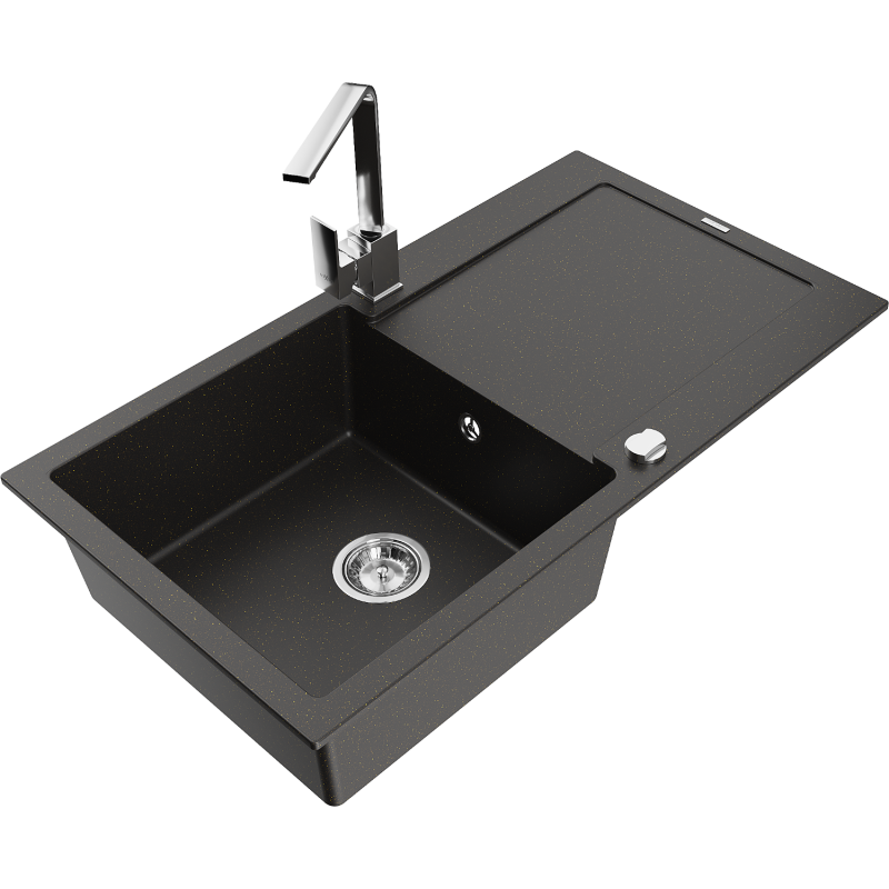 Mexen Leo Granitspüle 1-Becken mit Abtropffläche und Küchenarmatur Rita, schwarz/goldener Metallic - 6501-75-670300-00