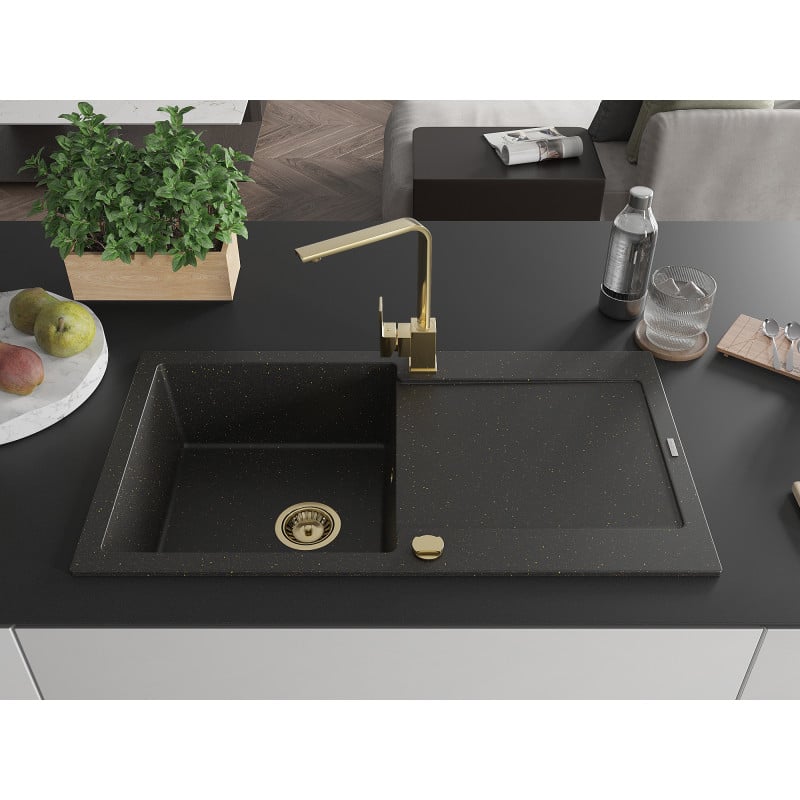 Mexen Leo Granitspüle 1-Becken mit Abtropffläche und Küchenarmatur Rita, schwarz/gold metallic - 6501-75-670300-50