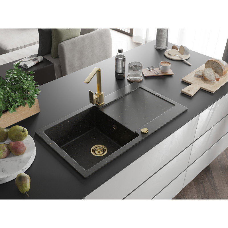 Mexen Leo 1-Schüssel-Granitanlage mit Abtropffläche und Küchenarmatur Rita, schwarz/goldener Metallic - 6501-75-670300-50