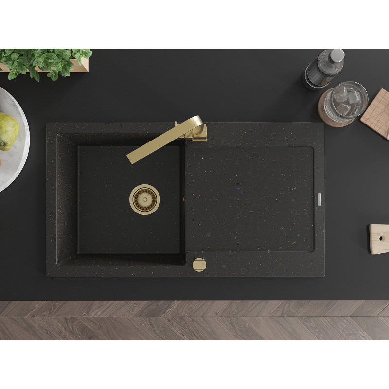 Mexen Leo 1-Schüssel-Granitanlage mit Abtropffläche und Küchenarmatur Rita, schwarz/goldener Metallic - 6501-75-670300-50