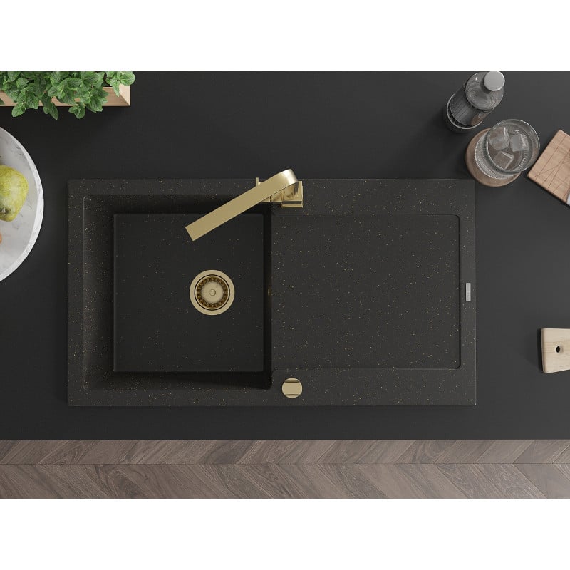 Mexen Leo Granitspüle 1-Becken mit Abtropffläche und Küchenarmatur Rita, schwarz/gold metallic - 6501-75-670300-50