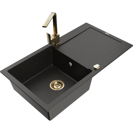 Mexen Leo Granitspüle 1-Becken mit Abtropffläche und Küchenarmatur Rita, schwarz/gold metallic - 6501-75-670300-50