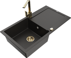 Mexen Leo Granitspüle 1-Becken mit Abtropffläche und Küchenarmatur Rita, schwarz/gold metallic - 6501-75-670300-50