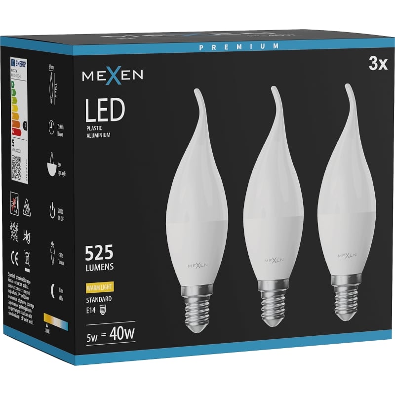 Mexen Nova 3x LED-Kerzenbirne E14, C37, 5W, Warm - 3000K, 525 lm - L106-E14-0530-01x03