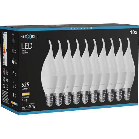 Mexen Nova 10x LED-Birne Flamme E14, C37, 5W, Warm - 3000K, 525 lm - L106-E14-0530-01x10
