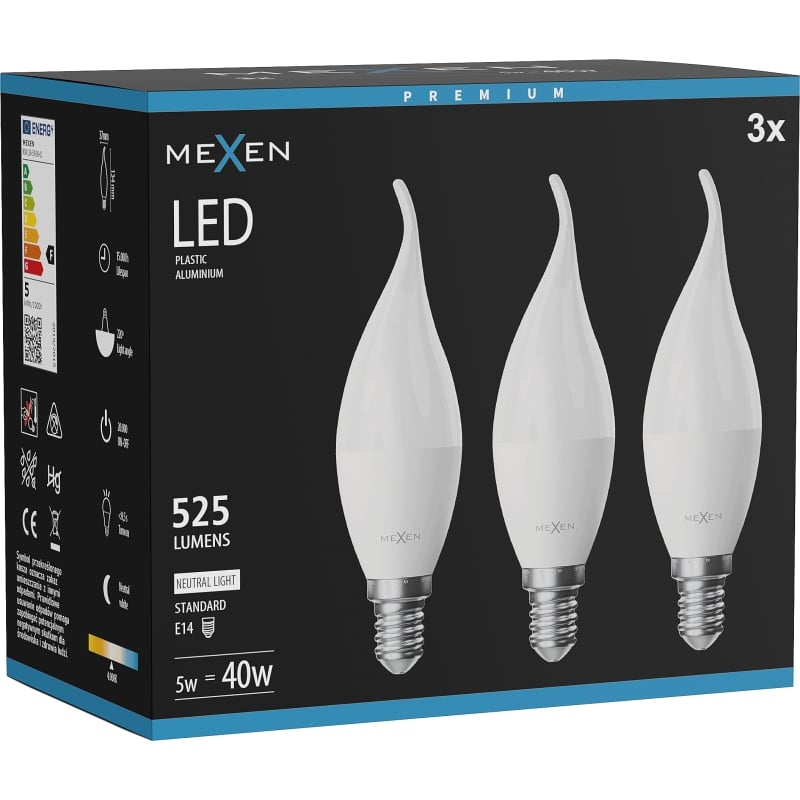 Mexen Nova 3x LED-Glühbirne Kerze E14, C37, 5W, Neutral - 4000K, 525 lm - L106-E14-0540-01x03