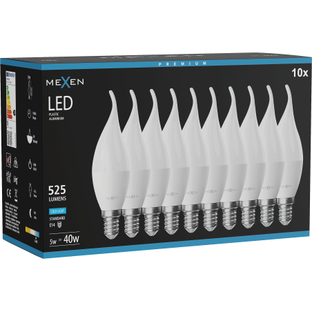 Mexen Nova 10x LED Glühbirne Flamme E14, C37, 5W, Kalt - 6500K, 525 lm - L106-E14-0565-01x10