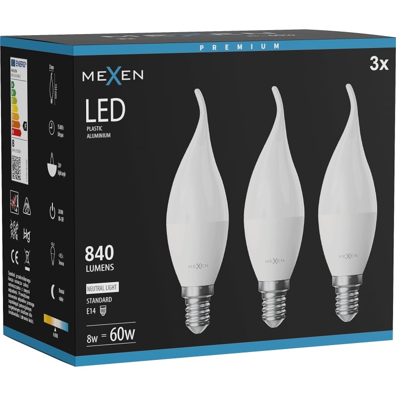 Mexen Nova 3x LED-Glühbirne Kerzenform E14, C37, 8W, Neutral - 4000K, 840 lm - L106-E14-0840-01x03