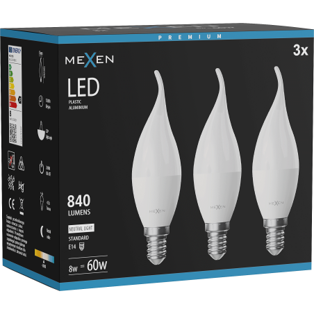 Mexen Nova 3x LED-Glühbirne Kerzenform E14, C37, 8W, Neutral - 4000K, 840 lm - L106-E14-0840-01x03