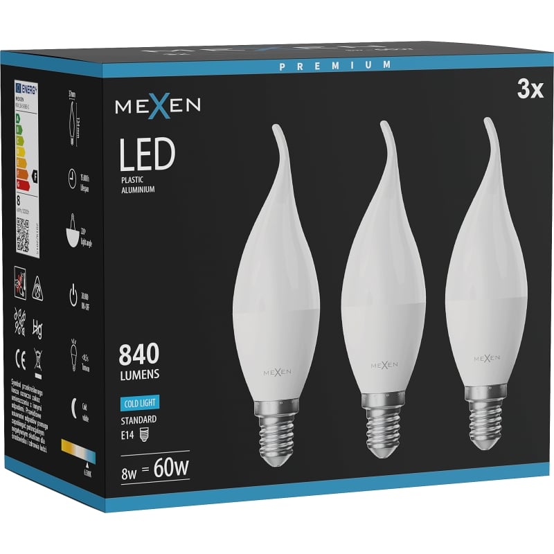 Mexen Nova 3x LED-Kerzenlampe E14, C37, 8W, Kalt - 6500K, 840 lm - L106-E14-0865-01x03