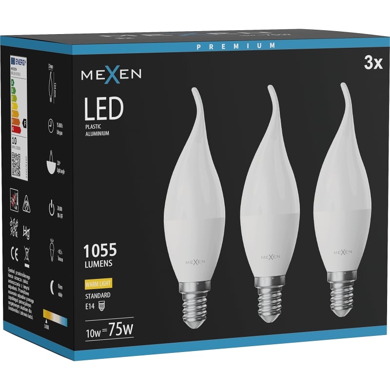 Mexen Nova 3x LED-Glühbirne Flamme E14, C37, 10W, Warm - 3000K, 1055 lm - L106-E14-1030-01x03