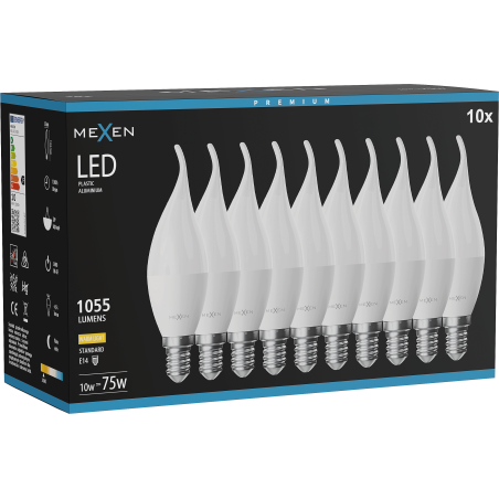 Mexen Nova 10x LED-Glühbirne Flamme E14, C37, 10W, Warm - 3000K, 1055 lm - L106-E14-1030-01x10